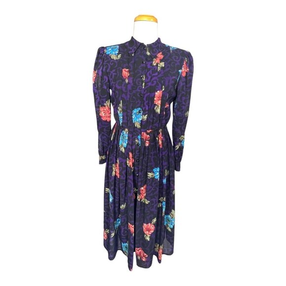 1980's DONNA MORGAN for NSP Raglan Sleeve Dress Floral Pleated Dress Size 3/4 - Picture 1 of 8